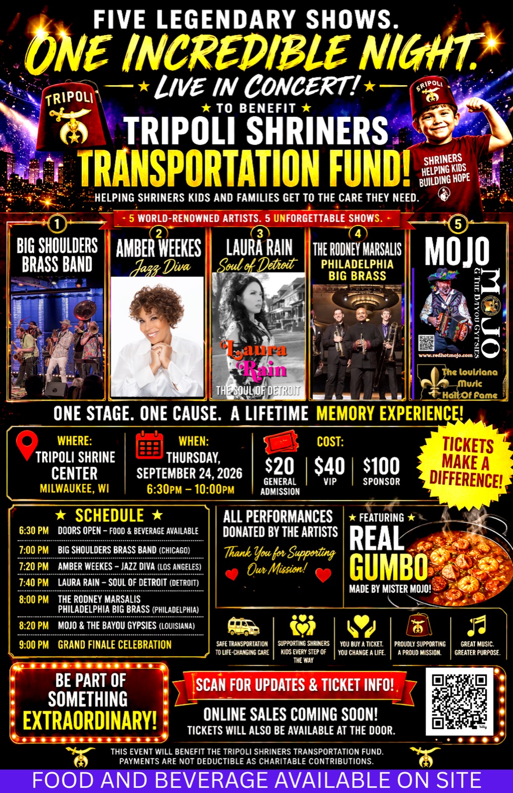Event flyer: Five Legendary Shows, One Incredible Night — a benefit concert for the Tripoli Shriners Transportation Fund, September 24, 2026.